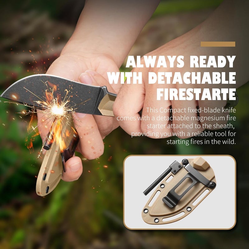 DRACHENADER Survival Knife with Fire Starter L-Y, 7.68" Full Tang Small Fixed Blade Knife with Belt Clip, Khaki + Stonewashed Black - Image 5